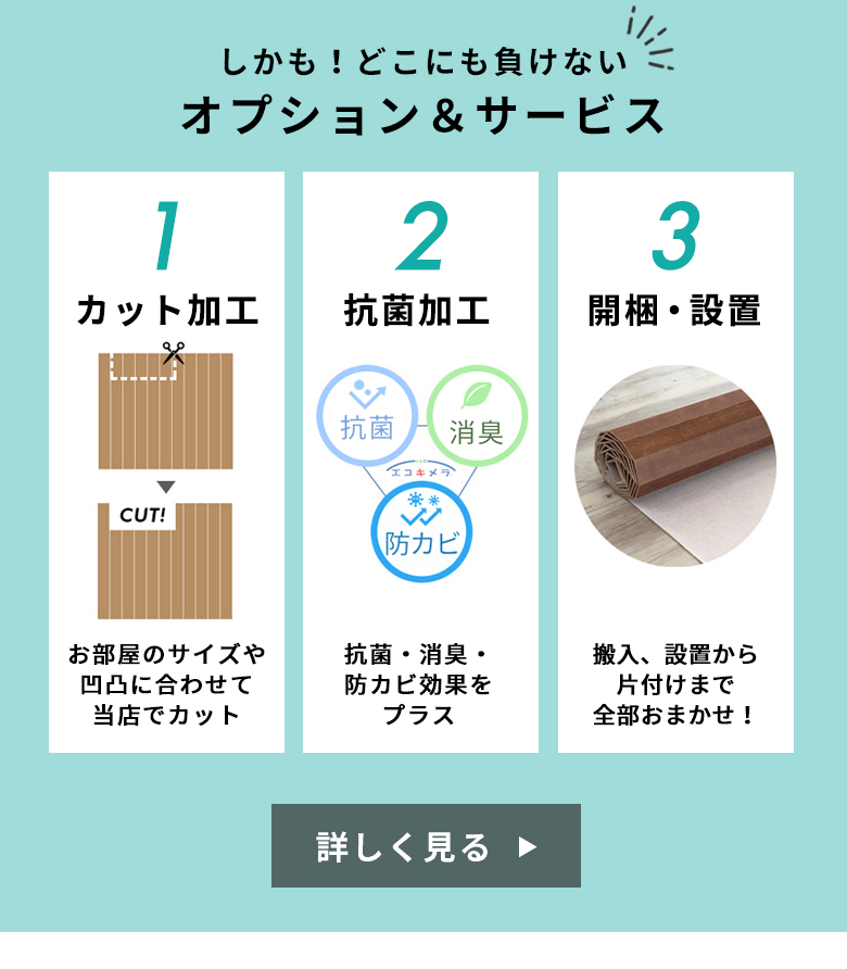 どこにも負けない当店のオプション&サービスはこちら。カット加工、抗菌加工、開梱設置便