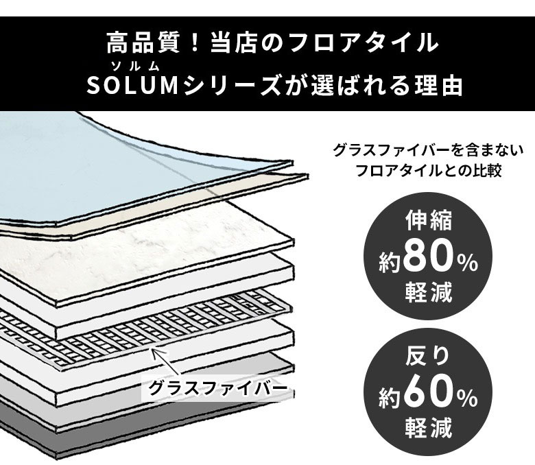 グラスファイバー入りで伸縮しにくいフロアタイル