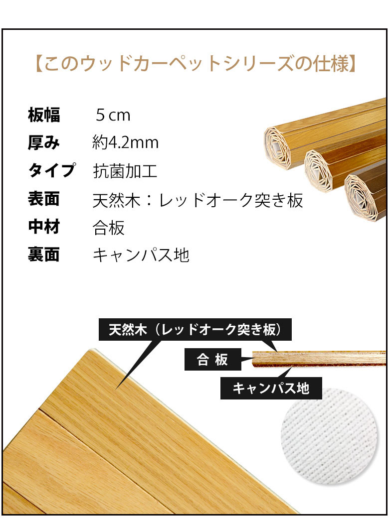 このウッドカーペットの特徴。板幅5cm、厚み約4.2mm、抗菌加工タイプ、表面天然木レッドオーク突き板、中材合板、裏面キャンパス地