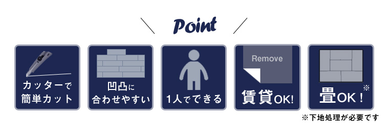 一枚ずつ敷き詰める。カッターでカット可能。賃貸OK。畳OK。