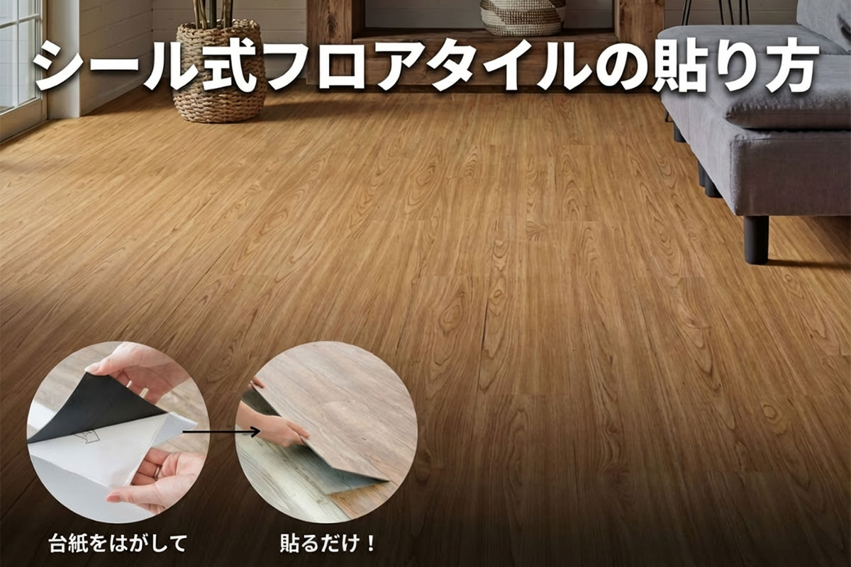 シール式フロアタイルの施工方法ガイド。裏紙をはがして床に貼るだけのDIY床材